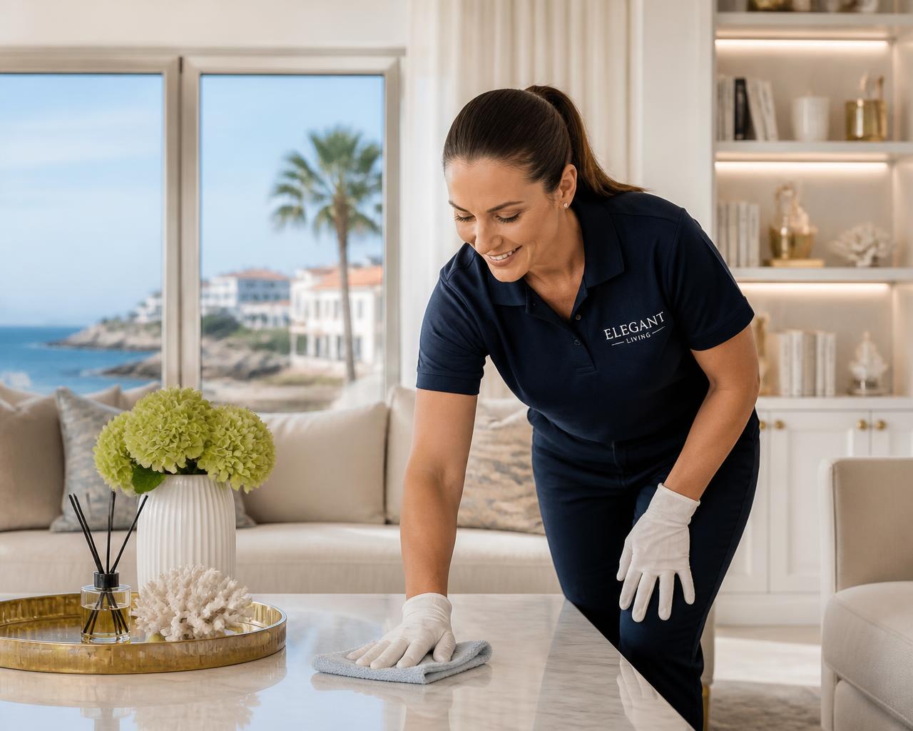 Profissional da CascaisClean a limpar uma sala luminosa com vista para o mar em Cascais